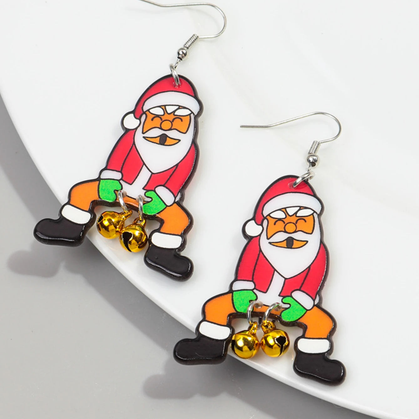 2024 Creative Christmas Ring Bell Earrings Plastic Santa Claus Cartoon Print Christmas Party Acrylic Drop Earrings for Women