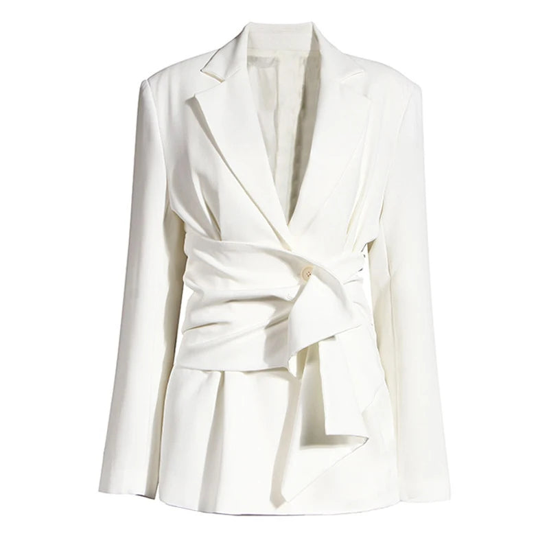 Women White Loose Fit Long Sleeve Notch Lapel Jacket Custom Logo Knotted Split Joint Irregular Blazer