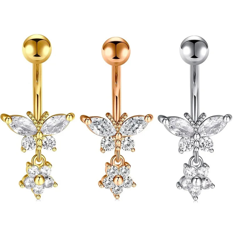 Women Sexy Body Jewelry Fashion Zircon Butterfly Flower Navel Ring Stunning Zircon Stone Belly Button Ring