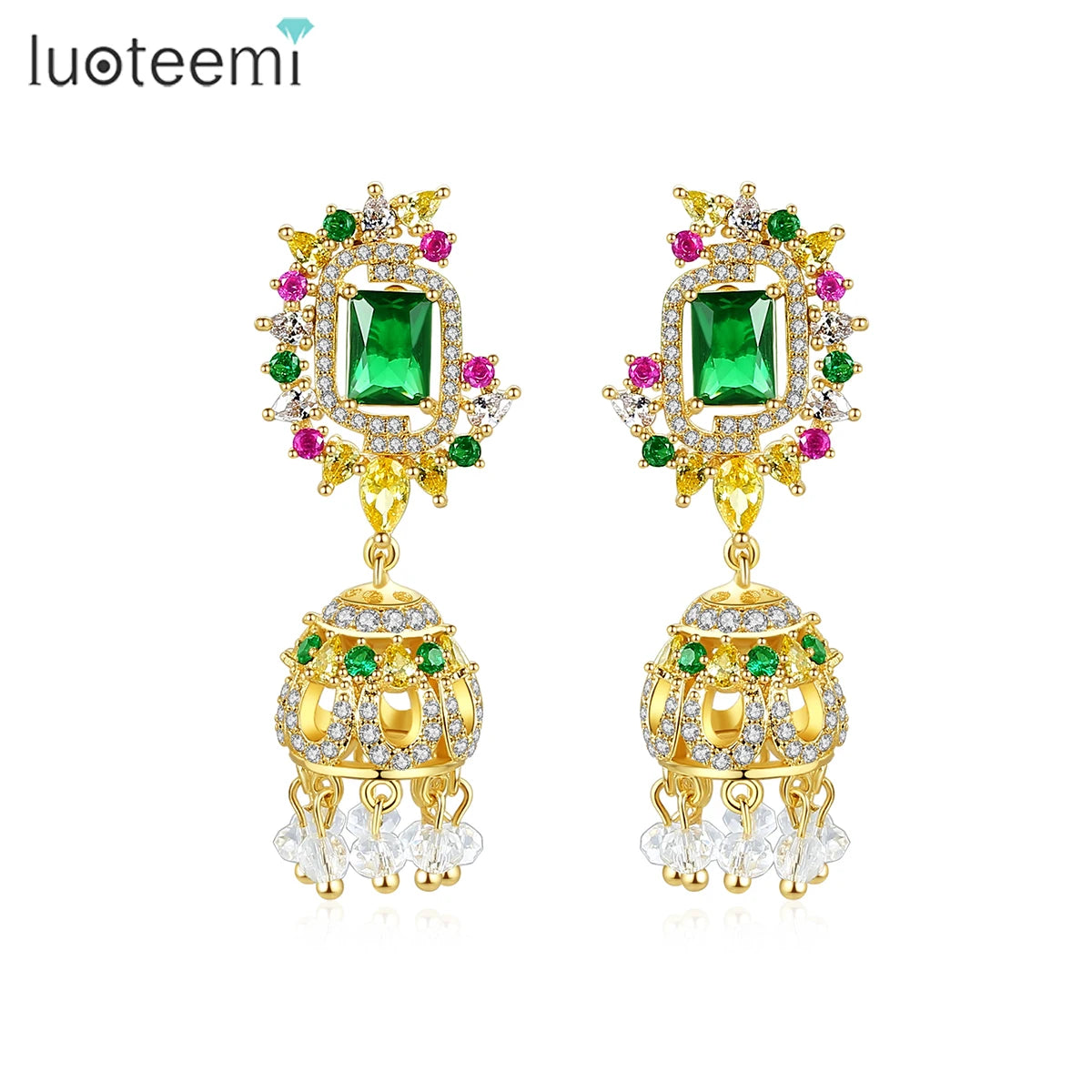 LUOTEEMI India Style Gorgeous Multiple Color Gemstone 3A Cubic Zircon Pendant Earrings for Women Wholesale