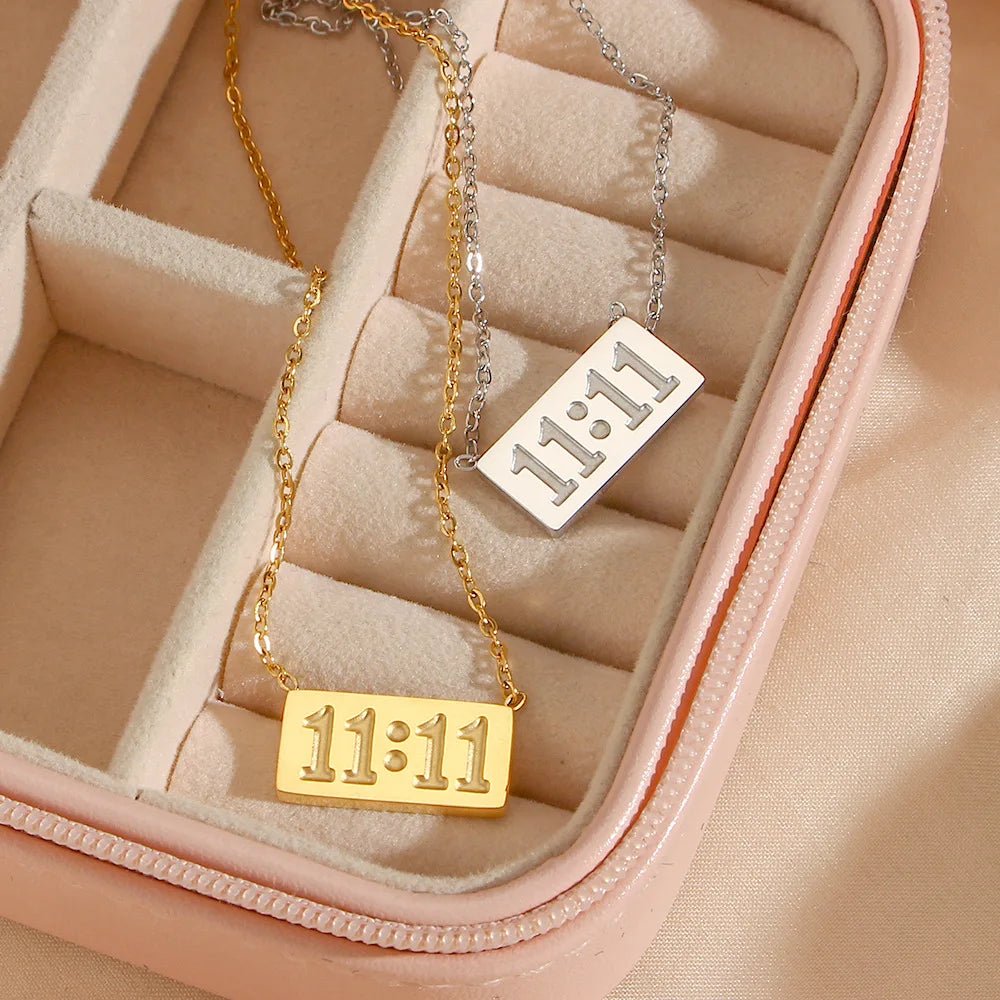 High Quality 18k Gold Plated Stainless Steel Necklace Rectangle Engraved Angel Number Pendant Necklace for Women and Girls
