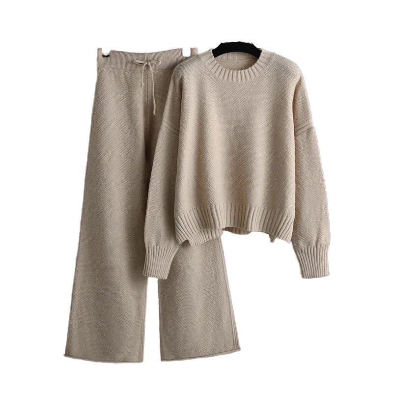Autumn Women's Casual Solid Pattern Two-Piece Sweater Set Loose Fit Wholesale Pullover Knitwear