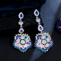 Luxury Multi Color Cubic Zirconia Long Big Flower Drop Earrings for Women Statement CZ Bridal Wedding Party Costume Jewelry