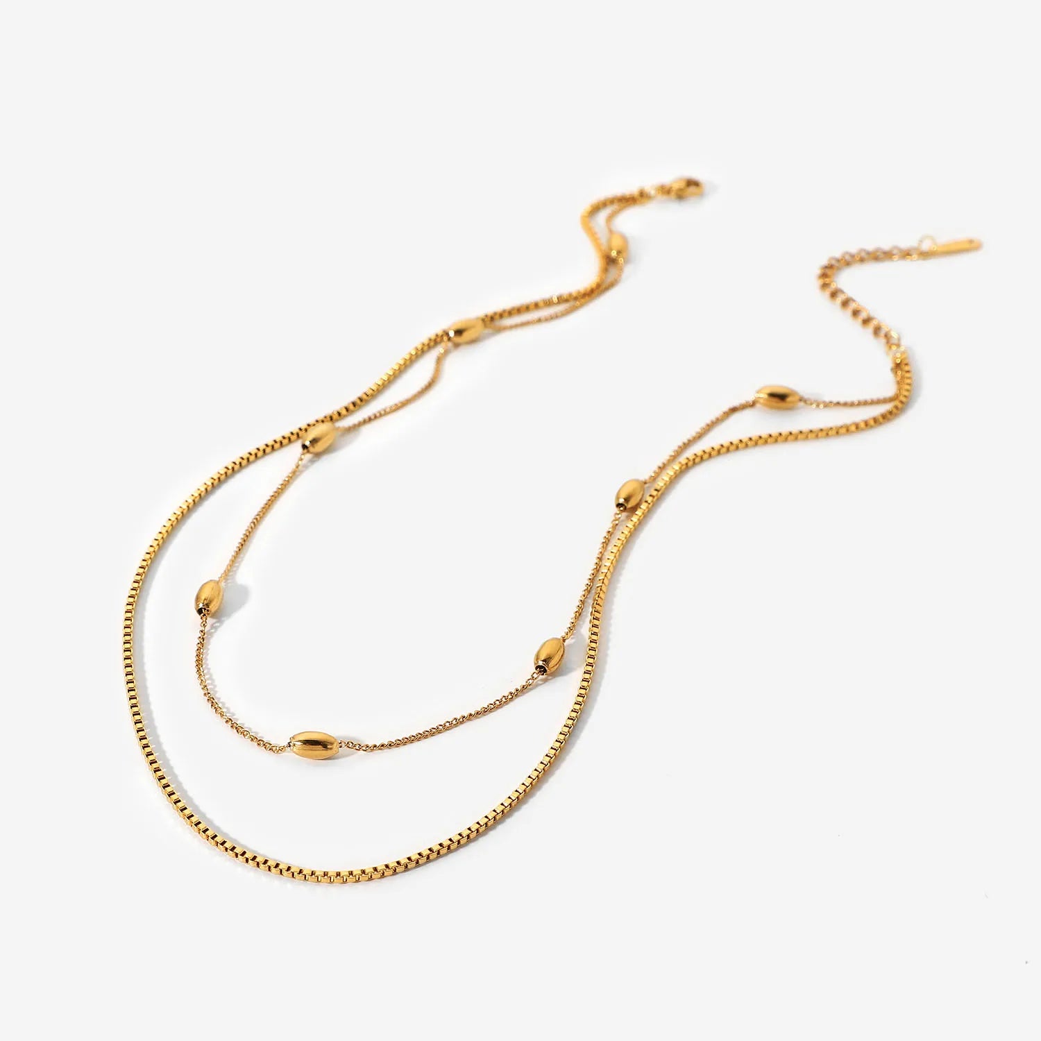 18k Gold Small Cube Collar Stainless Steel Double Layered Necklace Oval Ball Beads Chain Choker Necklace