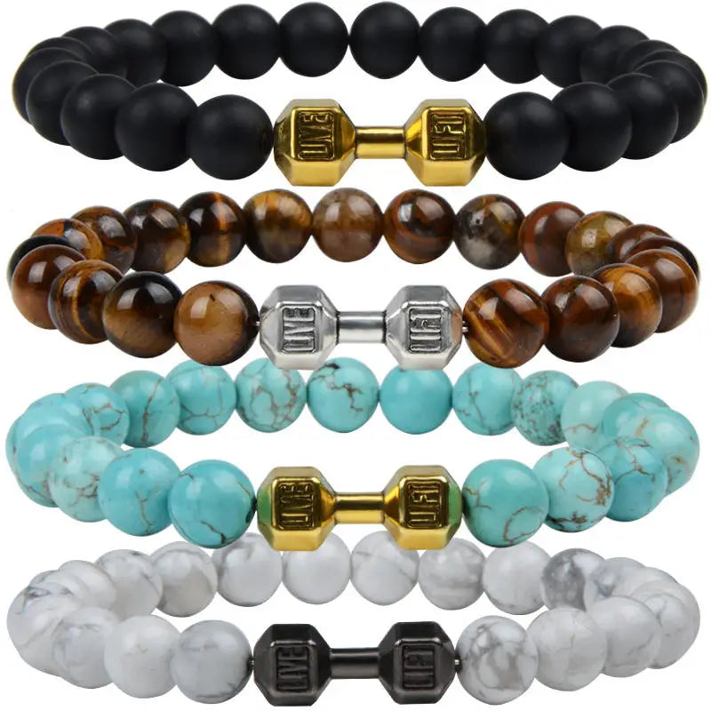 Natural Black Volcanic Lava Dumbbell Bracelet Black Matte Bead Fitness Barbell Jewelry for Women Men