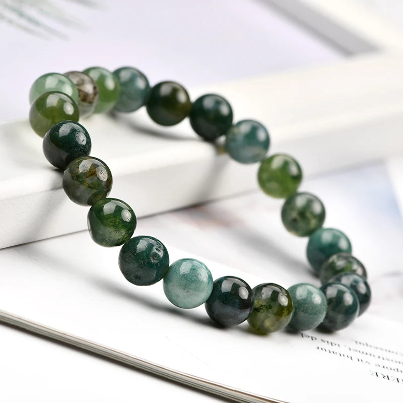 Natural Healing Crystal 8mm 5A Green Matte Moss Agate Lucky Beads Making Round Beaded Bracelets for Jewelry Gift