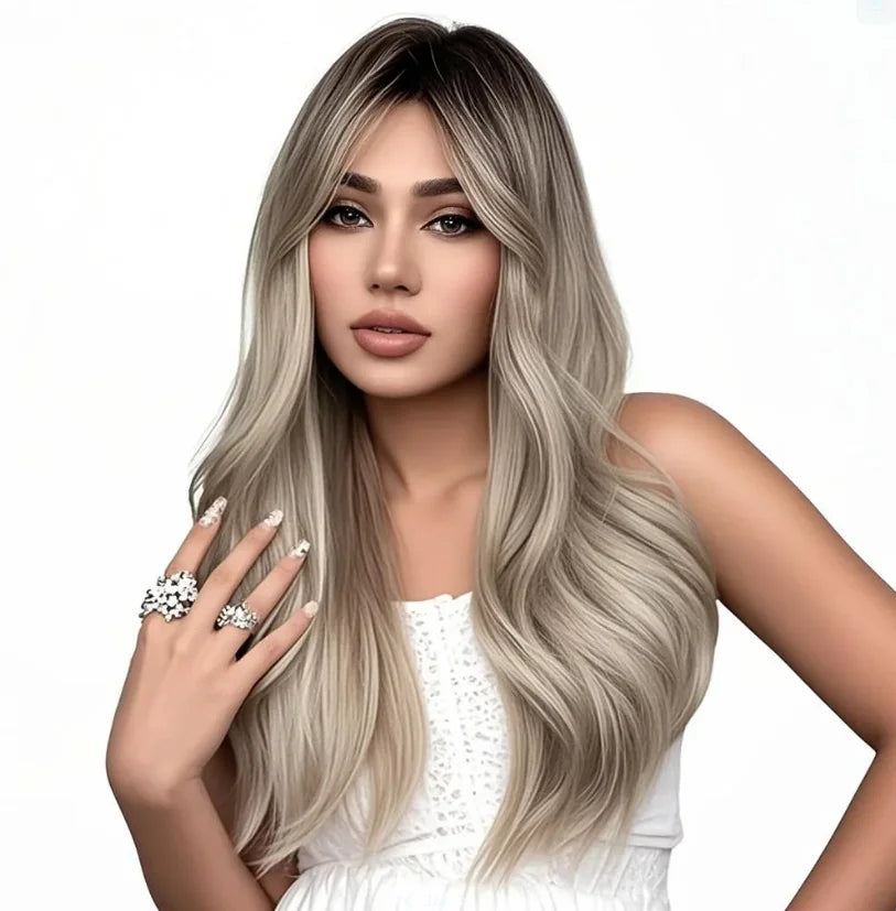 Fast Delivery Long Wavy Black Brown Gray Ash White Ombre Synthetic Wig with Bangs Wig Heat Resistant Hair