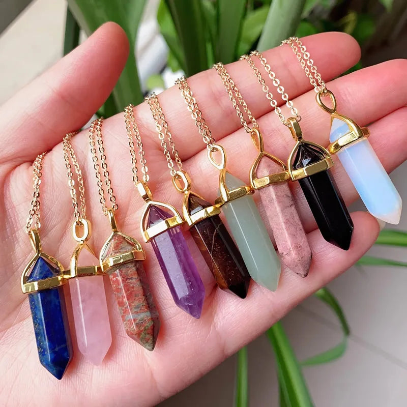 Fashion Fengshui Meditation Reiki Healing Crystal Bullet Precious Gemstone Hexagonal Column Point Necklace for Women Men