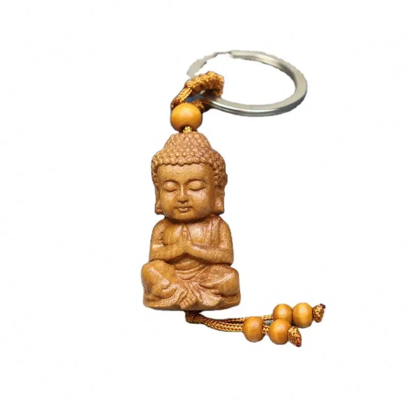Luck Peach Wooden Kuan-yin Buddha Pray Keychain Key Rings for Women Men Bag Car Key Decor Wood Buddha Key Chain Charms Amulet