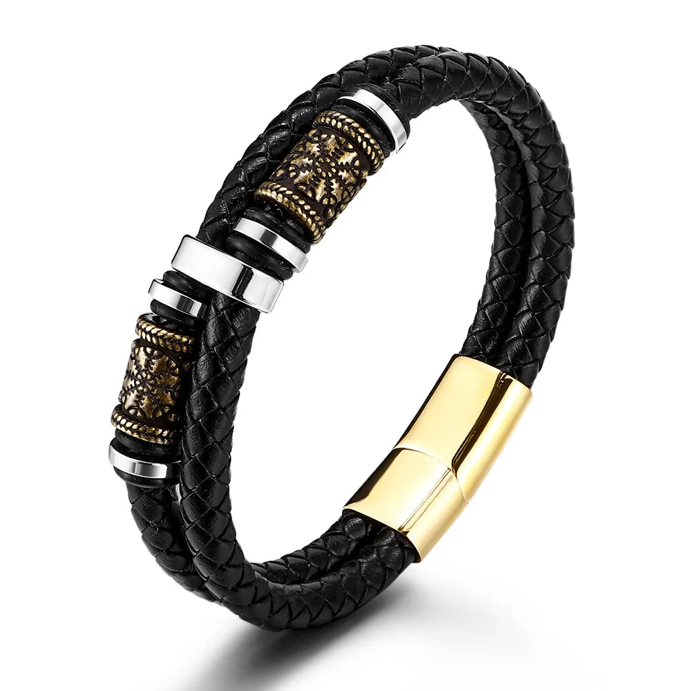 Viking men's multi-layer leather bracelet stainless steel magnetic clasp and leather cord bracelet jewellery for man