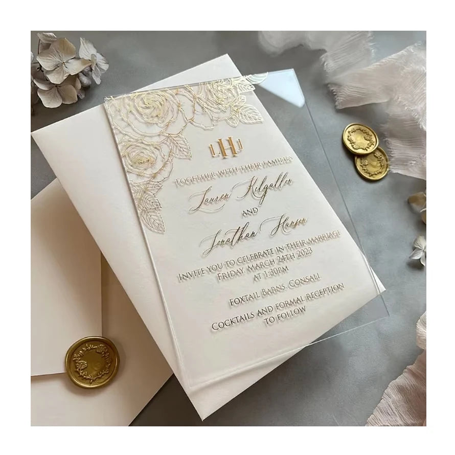 Gold Foil Custom Luxury White Card With Gold Foil Castle Leslie Vellum Paper Jacket Exhibition Invitation Wedding Invitations