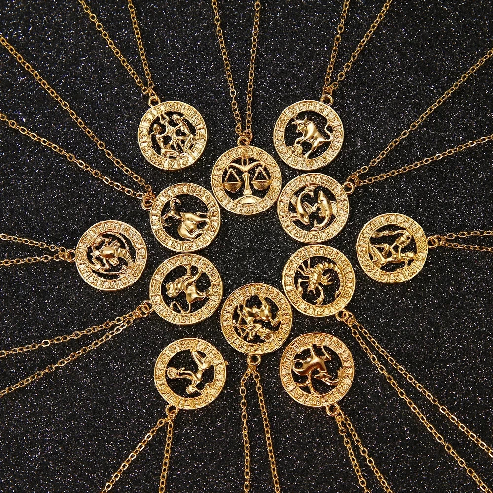 Wholesale Gold Color 12 Horoscope Zodiac Sign Pendant Necklace for Women Men Constellastions Jewelry Gift
