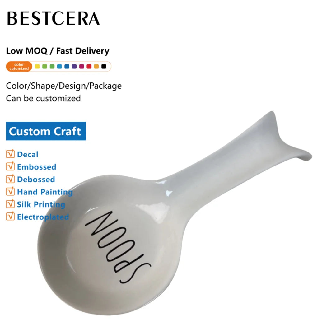 BESTCERA Small MOQ Ready to Ship Ceramic Spoon Holder Utensil Rest for Kitchen Counter Stove Top Ceramic Spoon Rest