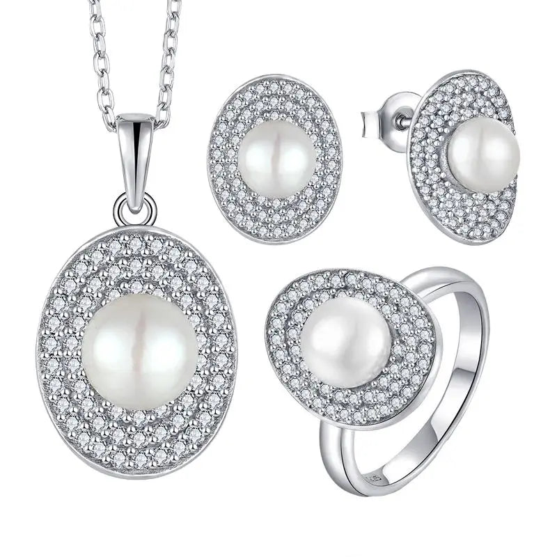 Natural Round Fresh Water Pearl Jewelry Women Wedding Jewellery 100% 925 Sterling Silver Flower Jewelry Set