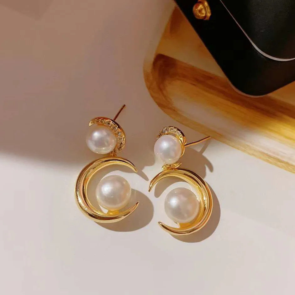 Trendy Women's 7-9MM Freshwater Pearl Water Drop Earrings Gold S925 Silver 5 Pairs in Needle Filled Moon Style for Parties 423