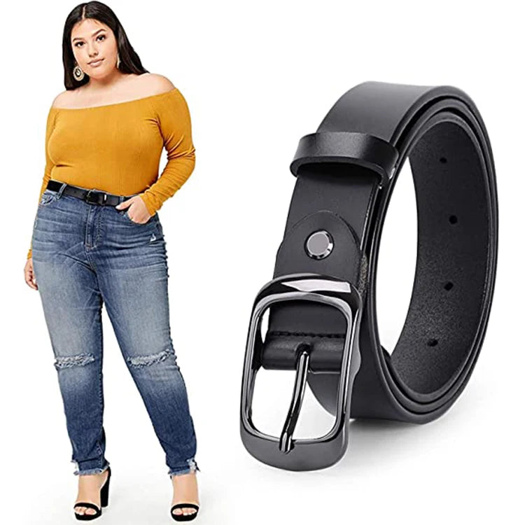 Plus Size Women Black Leather Belt With Holes Plus Size Vintage Alloy Buckle for Jeans Pants