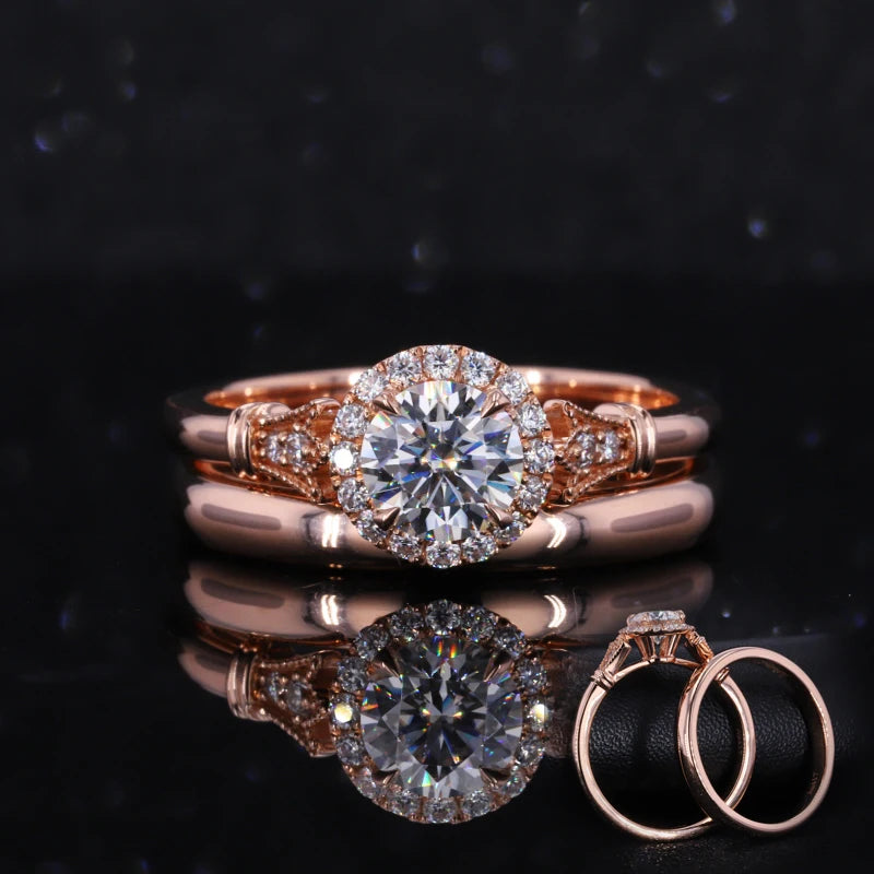 Starsgem Women Fashion Jewelry 18K Rose Gold Bridal Sets Lab Diamond Moissanite Gemstone Wedding Engagement Ring