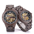 Wholesale Fashion Casual Pair Wristwatch Luxury Mechanical Wooden Case Skeleton Luminous Steel Band Automatic Couple Wood Watch