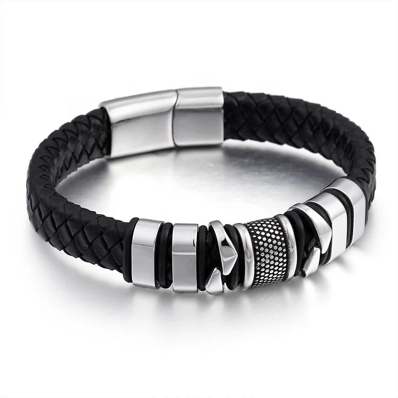Sini Jewelry Wholesale European and American Stainless Steel Black Leather Braid Unisex Bracelet Jewelry