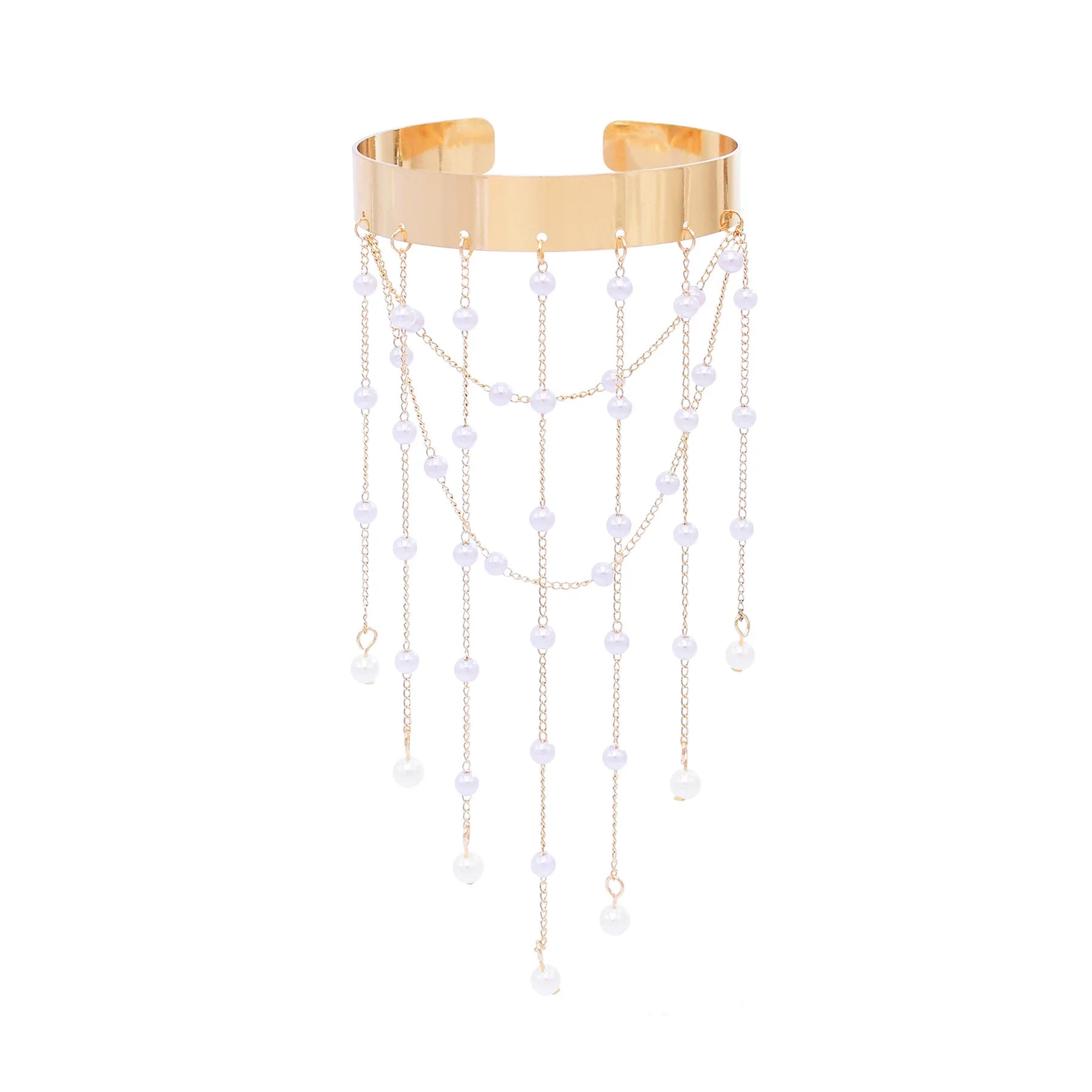 Gold Long Chains Tassel with Faux Pearl Open Arm Cuff Bangle Bracelet for Women Wrist Cuff Wrap Bracelet Adjustable