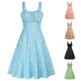 Vestido De Verano Women Vintage Two-Way Defined Waist Dress Ruched Bodice Flared Tank Halter Dress