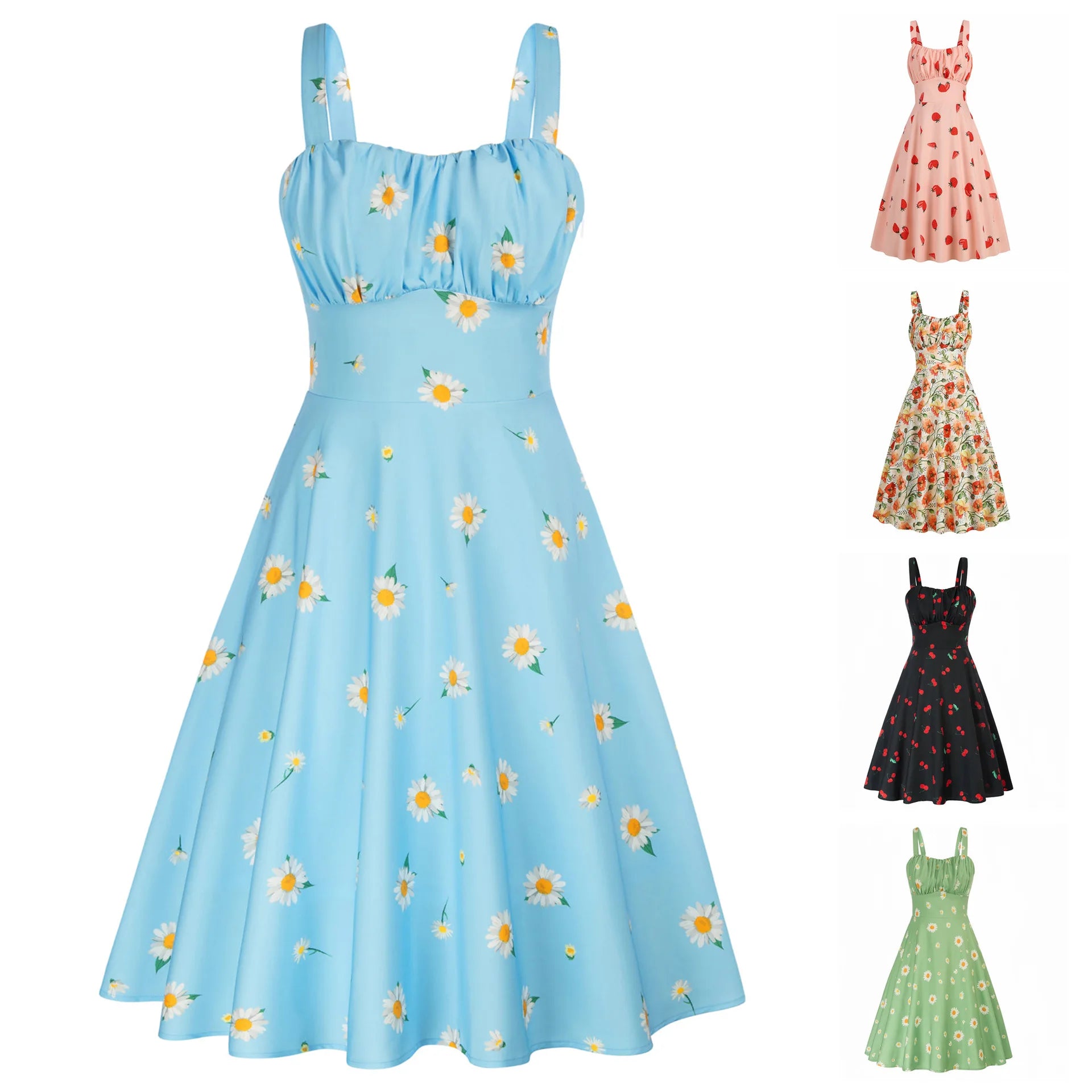 Vestido De Verano Women Vintage Two-Way Defined Waist Dress Ruched Bodice Flared Tank Halter Dress