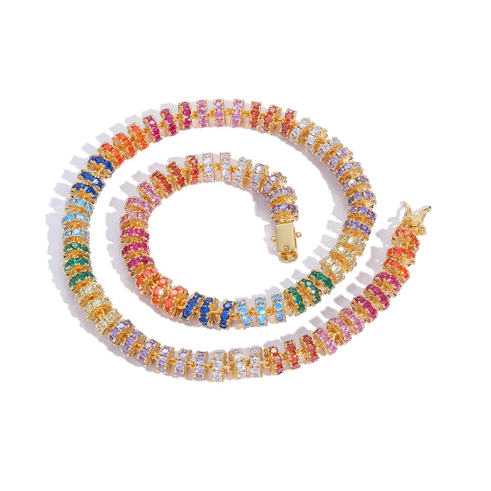 8mm Hip Hop Bling Tennis Chain Necklace Zircon Brilliant Cut Circle Bead Choker Colorful Copper Alloy Rhodium/Gold/Silver Plated
