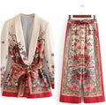 Wholesale 2026 European and American Spring New Style Belt Printed Casual Suit Coat Wide Leg Pants Women's Set