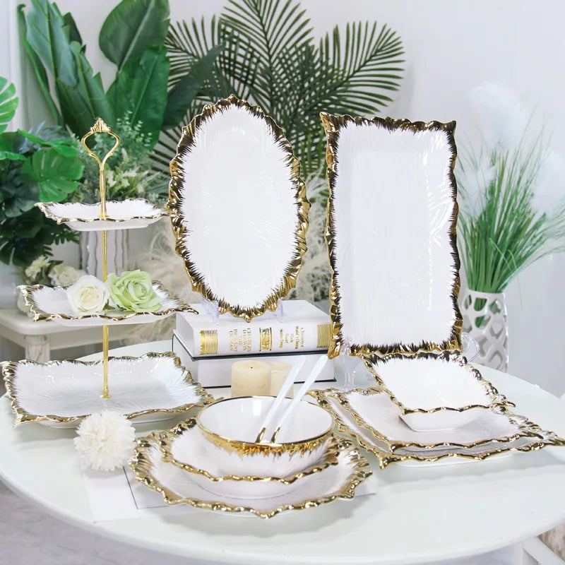 Light Luxury Hotels Ceramic Dishes Dining Plate High-end Western Cuisine Gold Rimmed Steak Plates and Bowls Dinnerware Wholesale MegaBDM