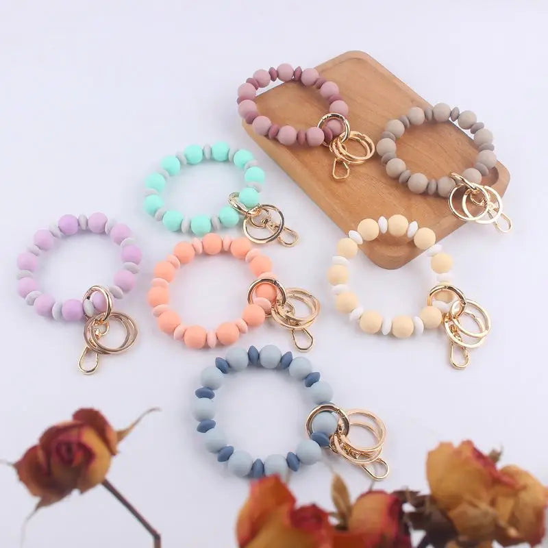 New Wrist Strap Solid Color Silicone Bead Keychain Charm Gift Bangle Key Chain Ring Silicone Bracelet Keychain Wristlet Keychain