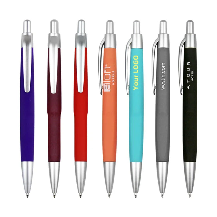 Custom Branded Hotel Ballpoint Pens Cheap Plastic Rubber Coated Click Pen with Sports Body for Promotions 0.5 mm Writing Width