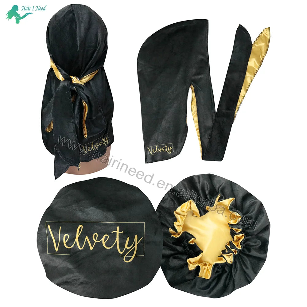 Wholesale Luxury Custom Logo Printing Women Silky Velvet Durags and Bonnets Sets Satin Silk Designer Durags for Men Silk Custom
