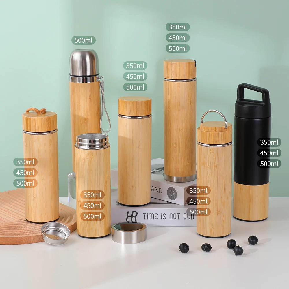 Bamboo Tumbler with Tea Infuser Bottle Loose Leaf Strainer Advanced Double Insulated Stainless Steel Water Bottle Travel Thermos