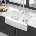 US Stock Free Shipping 33-inch Fireclay Farmhouse Double Bowl White ApronFront Kitchen Sink