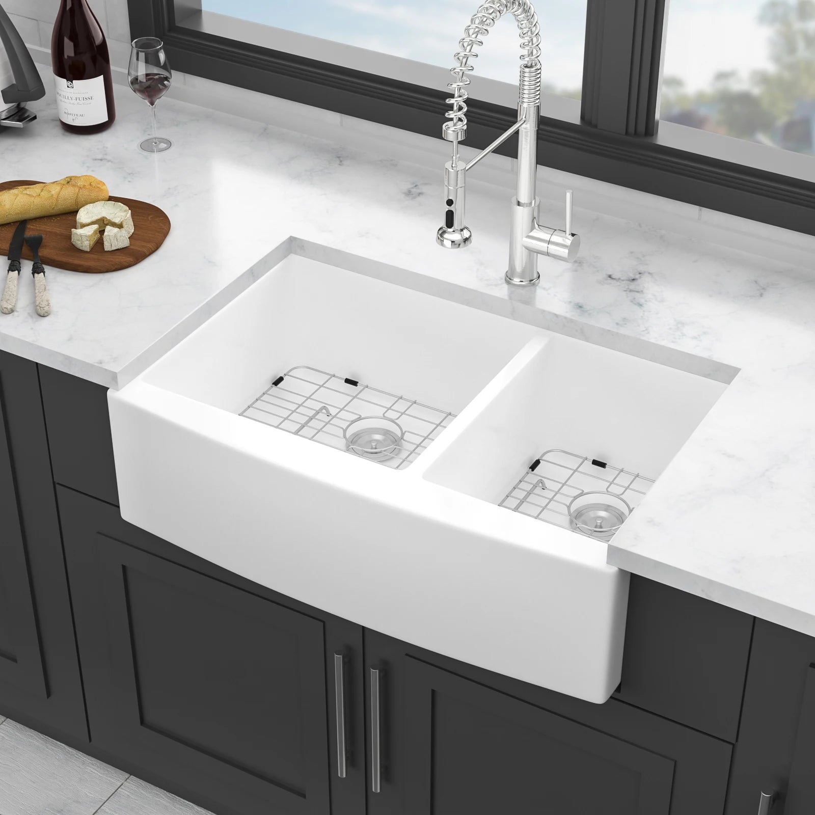 US Stock Free Shipping 33-inch Fireclay Farmhouse Double Bowl White ApronFront Kitchen Sink