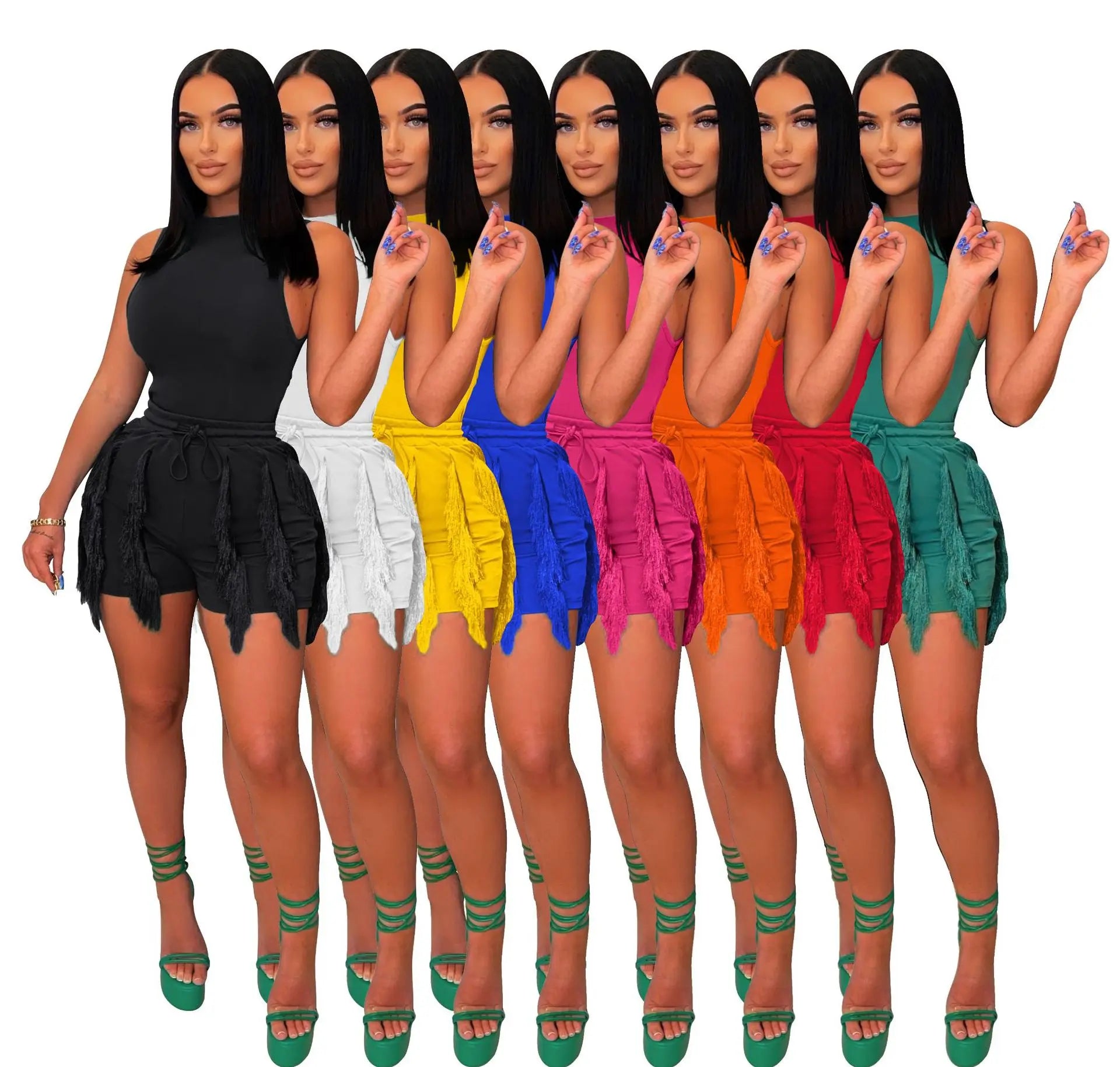 Liu Ming New Fashion Style Summer Women s Casual Sleeveless Jumpsuit Tassel Shorts Two Piece Set