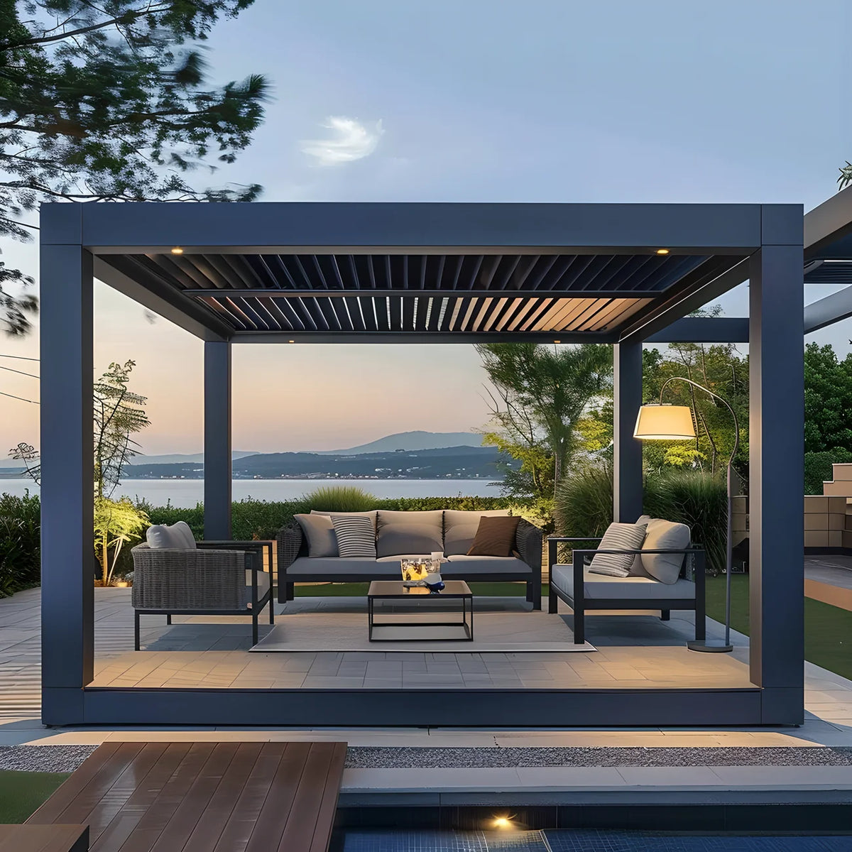 Newly Aluminium Pergola Modern 3x3m Pavilion Bioclimatic Louvered Roof Pergola Outdoor Furniture Gazebo Garden Buildings MegaBDM