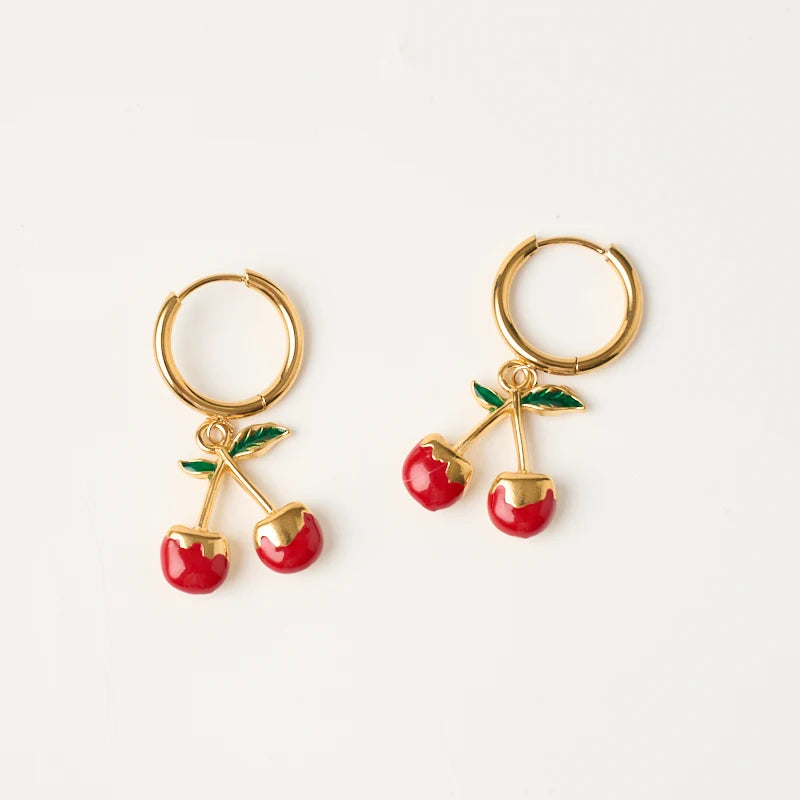 Summer Hot Selling 18k Gold Plated Red Cherry Shape Fashion Fresh Sweet Earrings