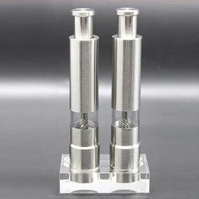 Good Quality Manual 304 Stainless Steel Spice Grinder Mill Custom Logo Salt and Pepper Grinder Set with Acrylic Transparent Base