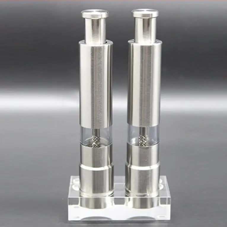 Good Quality Manual 304 Stainless Steel Spice Grinder Mill Custom Logo Salt and Pepper Grinder Set with Acrylic Transparent Base