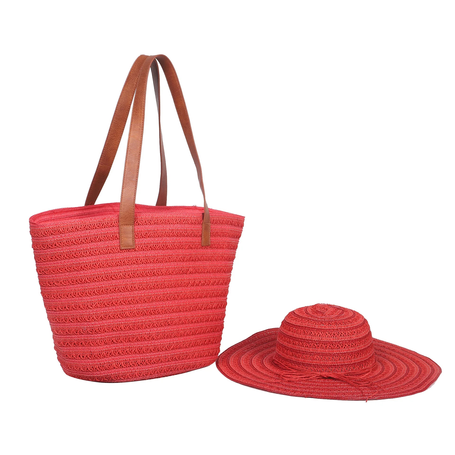 Fashion Chic Red and Blue UPF 50+Sun Protection Straw Beach Hat with Bag Tote Bag Sun Cloche Floppy Hat Purse and Hat Sets Women