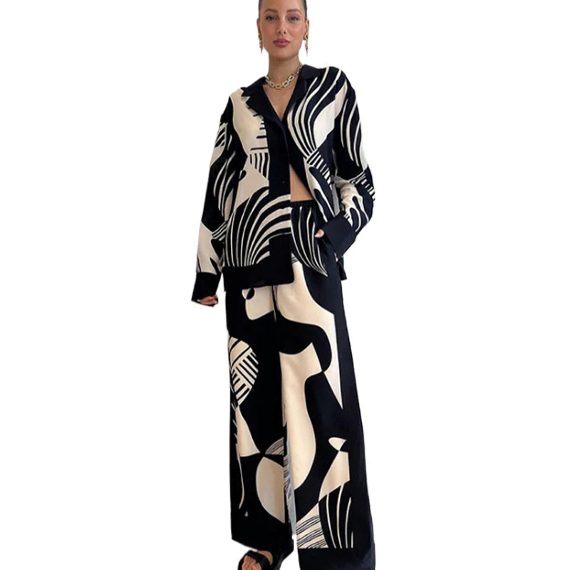 Liu Ming Vintage Fashion Women Print Long Sleeve Top Shirts and Pants Casual Outfits Two Piece Set