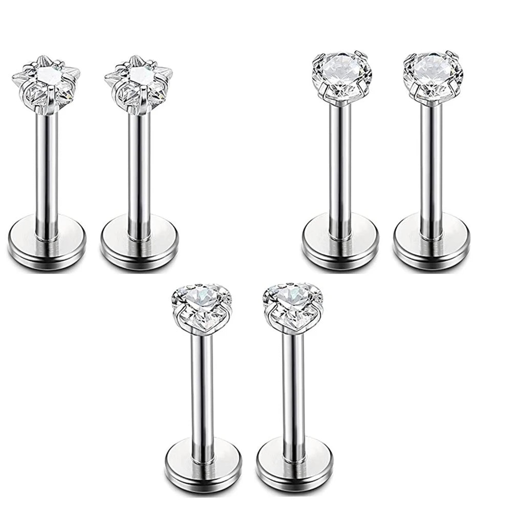 16G Stainless Steel Star Heart Round Zircone Labret Lips Rings Ear Stud Internally Thread Piercing Jewelry Women for Party