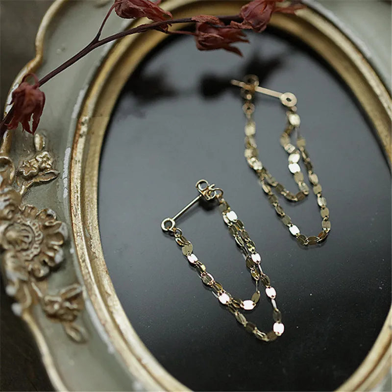 925 Sterling Silver European Geometric Chain Tassel Earrings for Women 14k Gold Simple Temperament Jewelry