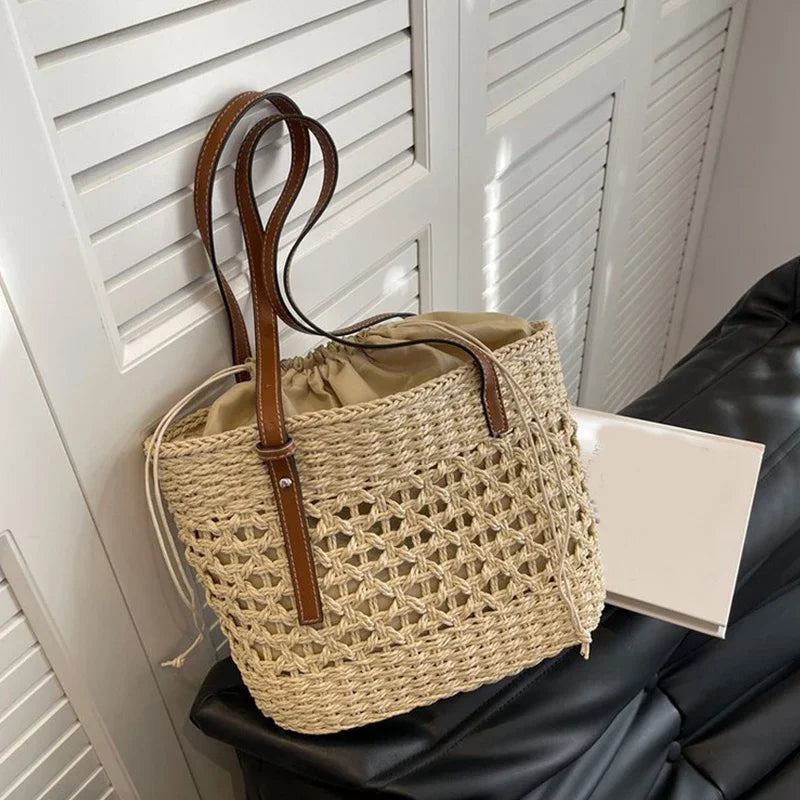 Casual Straw Woven Women's Shoulder Bags Large Capacity Summer Beach Ladies Handbags Travel Female Bucket Tote Underarm bag