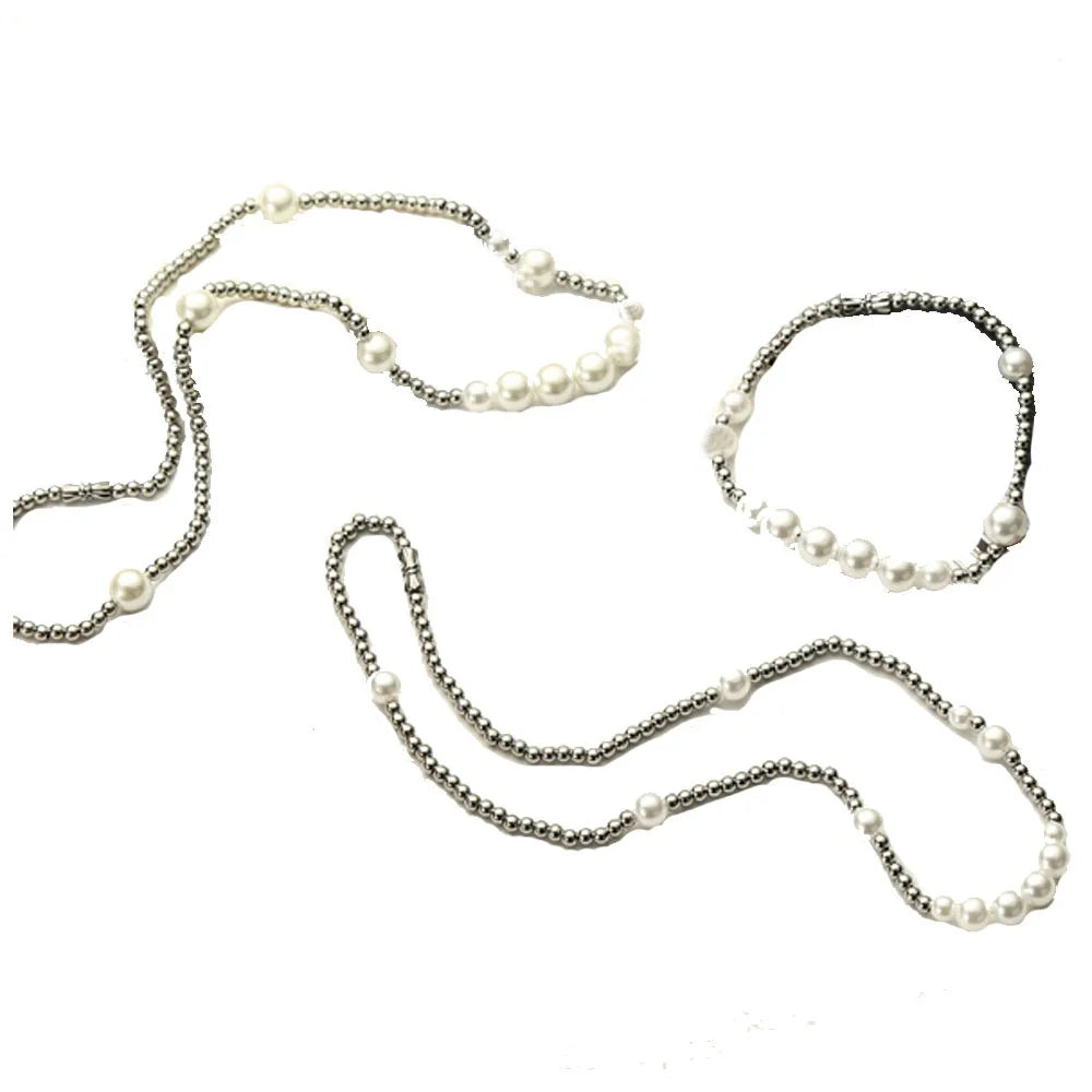Wholesale Male Stainless Steel and Glass Pearl Beads Boho Necklace 45cm 50cm 60cm and Bracelet Jewelry Set Ready to Ship
