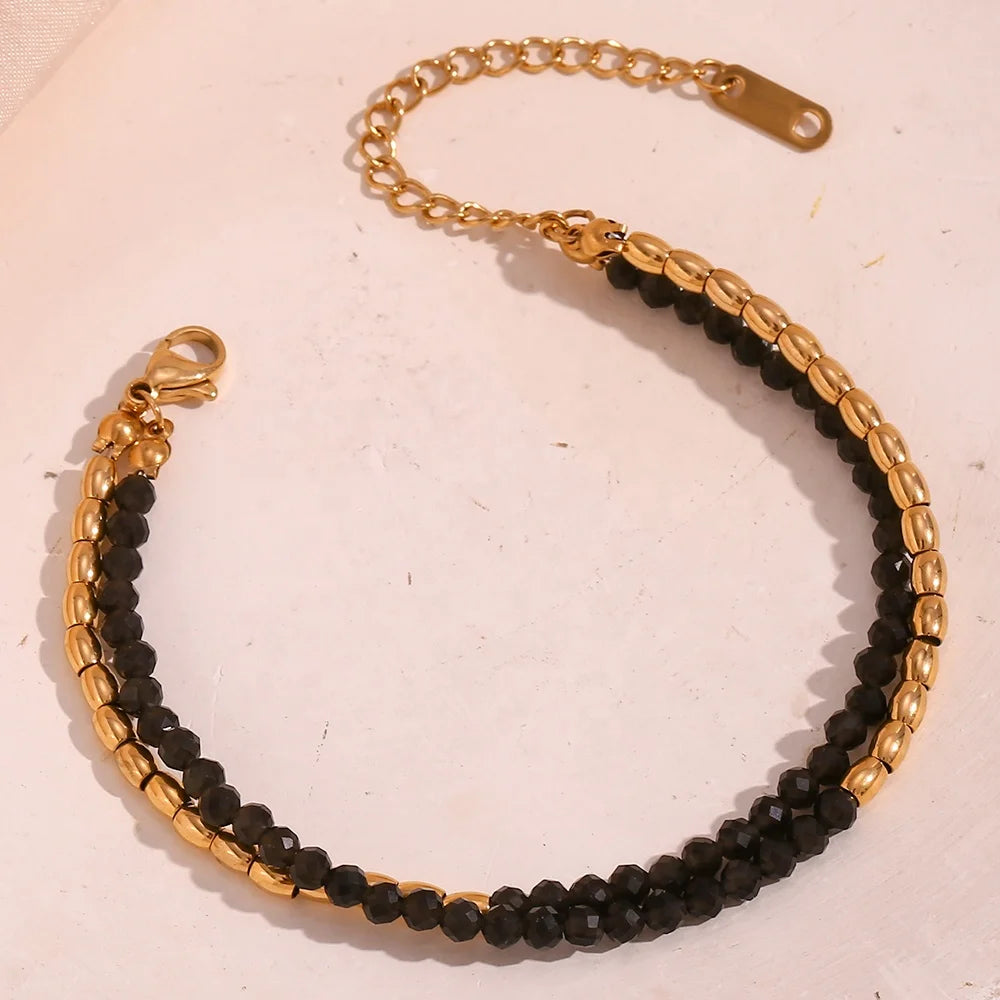 Tarnish Free Jewelry Obsidian Natural Stone Chain Necklace Gold Plated Stainless Steel Gemstone Necklace