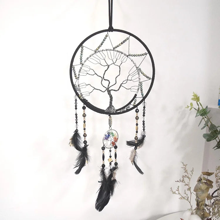 Handmade Wholesale Dreamcatchers Home Decor Black Feather Crafts Gem Stone Tree of Life Dream Catcher