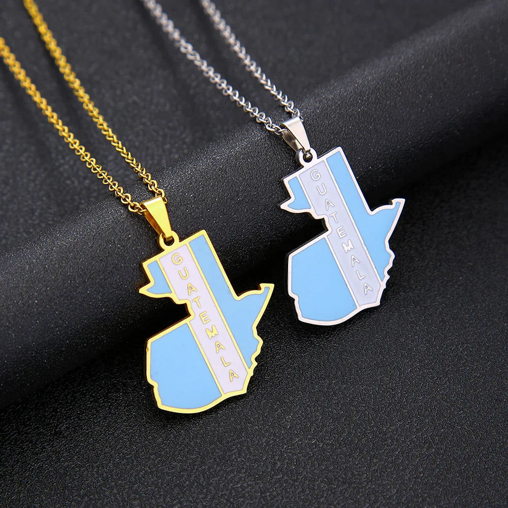 Enameled Guatemala Map Chain Necklaces Stainless Steel 18K Gold Plated Enamel Guatemala National Flag Map Pendant Necklace