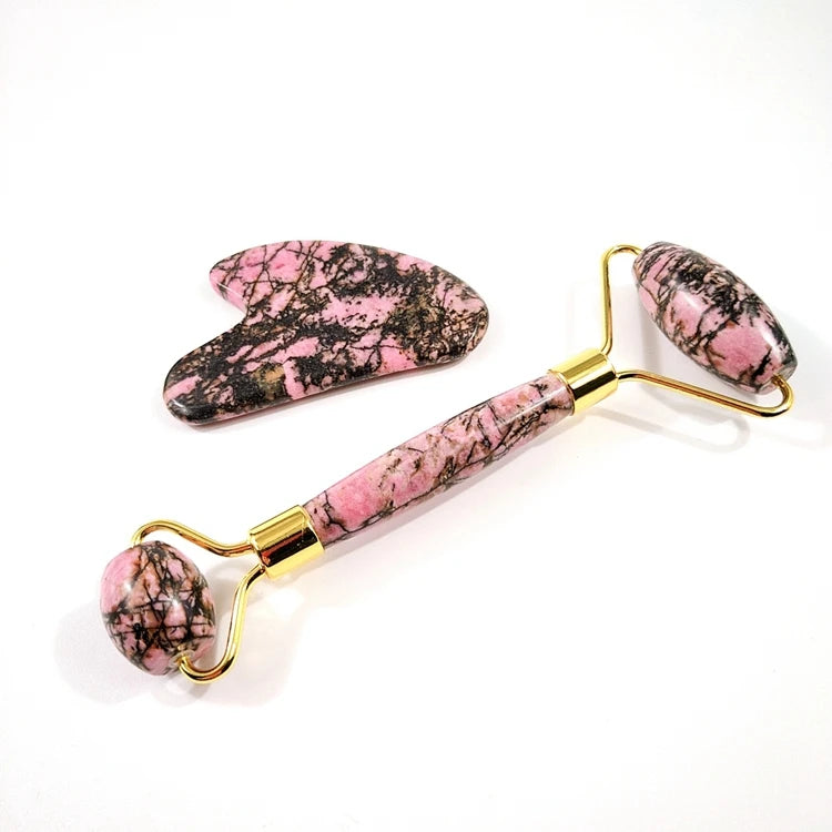 2025 Wholesale Custom Logo Facial Jade Stone Massage Roller Gua Sha Tool Set Rhodonite Jasper Jade Roller for Face